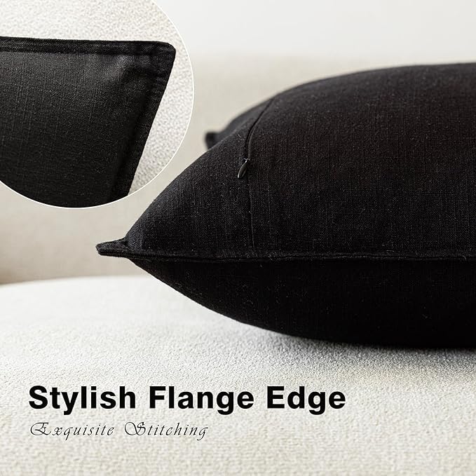 Foindtower Pack of 2, Decorative Linen Soild Throw Pillow Covers Soft Accent Cushion Case Boho Farmhouse Neutral Pillowcase for Chair Couch Sofa Bedroom Living Room Home Decor 18 x 18 Inch Black