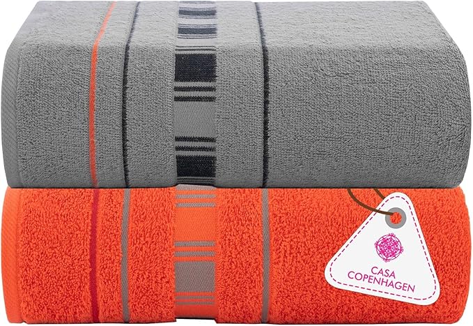 CASA COPENHAGEN X Line 2Pcs 100% Egyptian Cotton Large Designer Bathsheet Towels Gift Set- Grey - Red, 600GSM, 35"x70" 2Bath Sheet Towels for Bathroom Set for Women & Men
