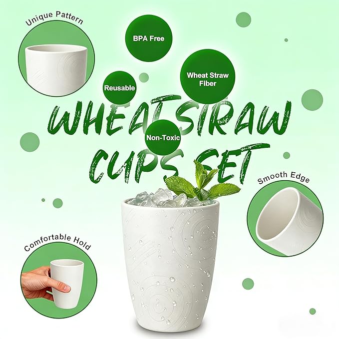 Wheat Straw Unbreakable Drinking Cups, 12 OZ Tumbler Set of 6, Lightweight Reusable Cups, Reusable Cups Alternative to Plastic, Dishwasher Safe Tumbler for Kitchen, Camping, RV, White