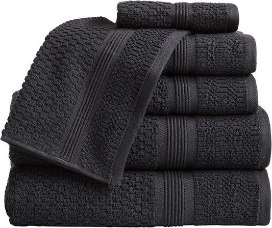 Market & Place 100% Cotton Waffle Weave 6 Piece Towel Set – Soft, Quick-Dry Bath, Hand & Washcloth Towels – Lightweight, Textured Bathroom Set – Black | Zoey Collection