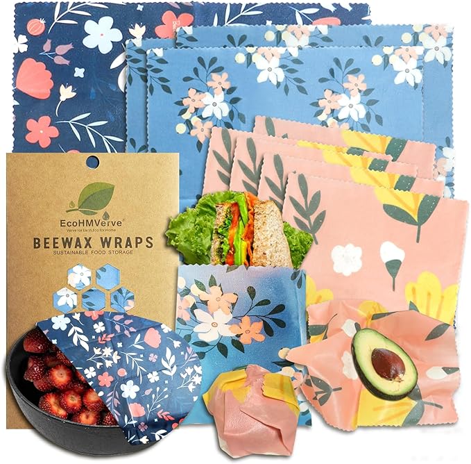 9 Pack Beeswax Wraps for Food, Reusable Organic Cotton Food Storage Covers for Bread, Cheese, Fruit, and Vegetables, Plastic Free Kitchen Supplies, 3 Sizes