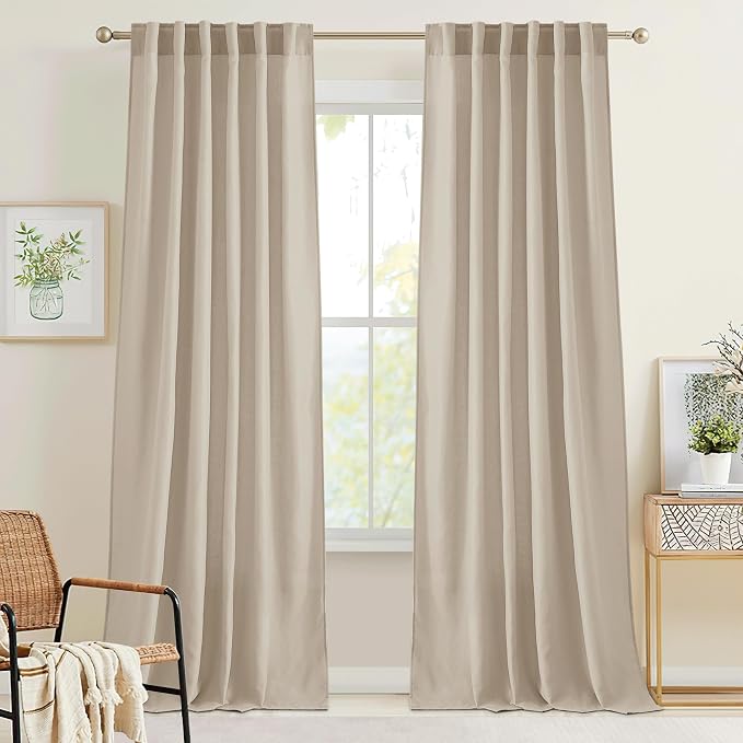 RYB HOME Guaze Burlap Curtains 95 inches Long, Large Window Treatment Back Tab Thick Linen Texture Fabric Privacy Added Drapery for Sliding Glass Door, Taupe, W 52 x L 95 inches, 2 Panels Set