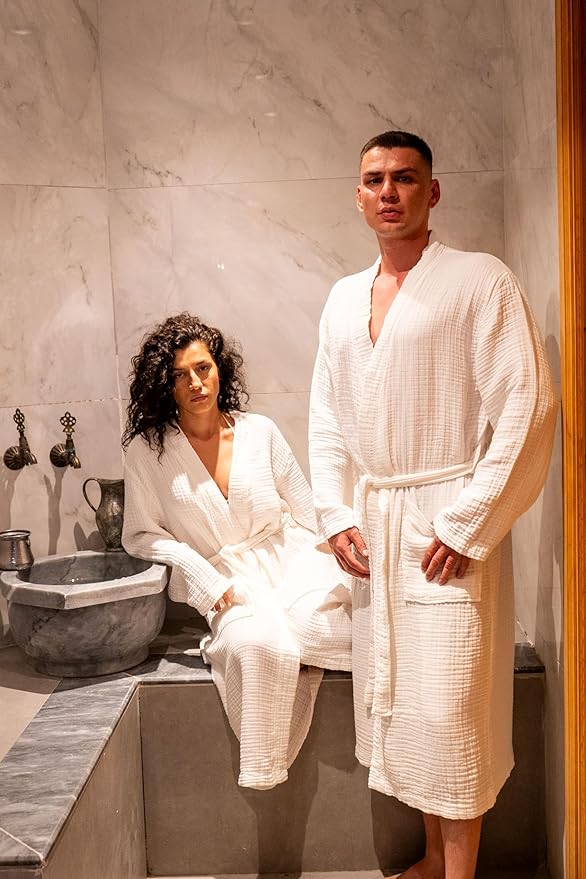 Muslin Unisex Bathrobe Women & Men, 100% Cotton Kimono Lightweight Robe | Long Robes Soft, Absorbent, Spa robes