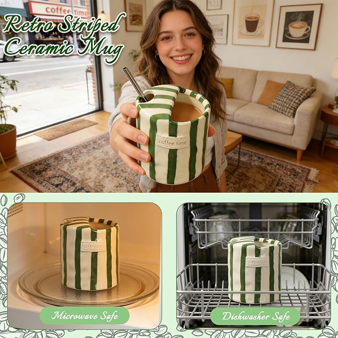 Ceramic Travel Mug with Hole, 10oz Hand Painted Striped Coffee Mug, Novelty Ceramic Coffee Cups, Dishwasher, Microwave Safe, Perfect Present for Coffee Lovers (Green)