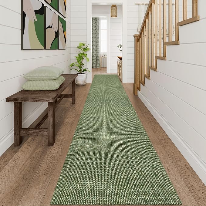 Uphome Kitchen Runner Rug, 2'6x12 Washable Boho Rug Runners for Hallways Non Slip, Low Pile Woven Cotton Modern Carpet Runners, Stain Resistant Bedroom Runner Rug for Hallway Entryway Entrance, Green