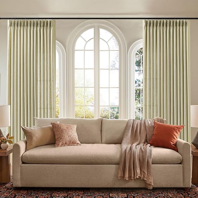 IVAPUPU Grey Beige Pinch Pleated Curtains 90 Inch Length for Living Room, Extra Wide Semi Sheer Drapes Back Tab Hooks Rings Light Filtering Privacy Linen Blend Curtain for Bedroom, W60xL90, 1 Panel
