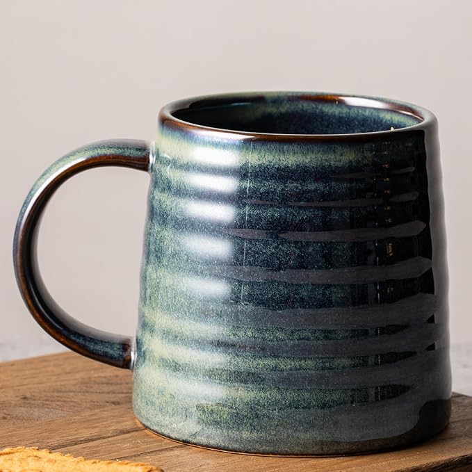 15.5 Oz Large Reactive Glaze Ceramic Mug, Heavy Weighted Stoneware Coffee Cup, Wide Base, Thick Wall Big Tea Cup with Custom Package Box, Microwave & Dishwasher Safe (Dark Green)