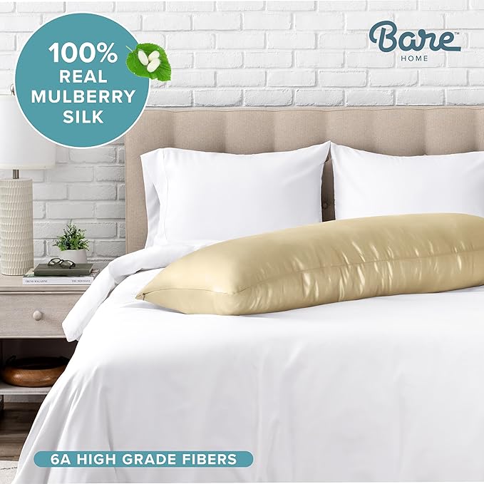 Bare Home 100% Mulberry Silk Pillowcase for Hair and Skin - Ultra Premium 6A Grade 19 Momme Silk Pillow Case - Hidden Zipper - Breathable Cooling Pillow Cover (Body, Champagne)
