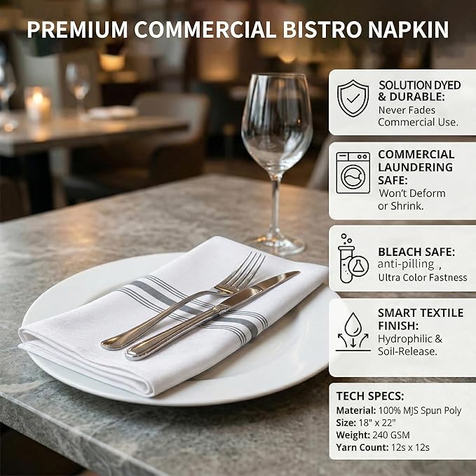 Bistro Restaurant Stripe Cloth Napkins Set of 12 Pack, Commercial Quality 18 x 22 Inches, MJS Linen Dinner Napkins Cloth Washable, Non-Iron, No Fade, Soil Release, Grey Stripes