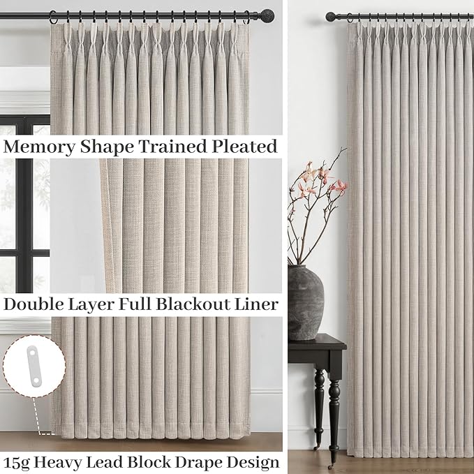 Greyish Beige Blackout Patio Sliding Door Curtains 92 Inches Long 2 Panels, Memory Shape Pinch Pleat 2 Layer Linen Thermal Energy Efficient Country Curtain with Ceiling Track Dorm Room Windows Drapes