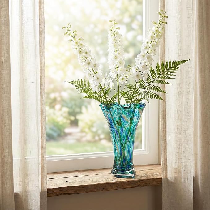 9.0" H Teal Glass Vases for Flowers, Unique Hand Blown Glass Vase Green Home Decor, Wide Mouth Colorful Flower Vase Centerpieces, for Living Room Table Bookshelf, Bathroom Office Shelf Decorative