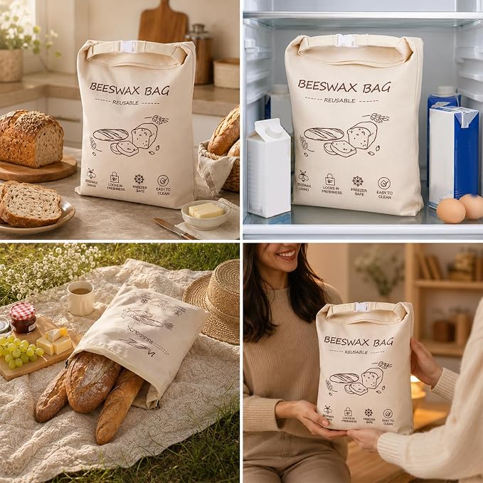 2 Packs Reusable Beeswax Bread Bags 13x17 Inch | Keep Bread Fresh for Days Moisture Lock Linen Food Storage for Homemade Sourdough Bread