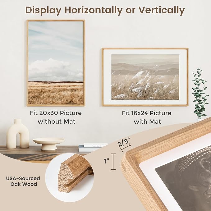 20x30 Poster Frame, USA-Sourced Oak Wood Picture Frame with HD Tempered Glass, Handcrafted Rounded Corner 20 x 30 Wooden Frames Matted to 16x24 Photos, Horizontal or Vertical Wall Display