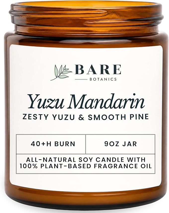 Bare Botanics 9oz Non Toxic Soy Candle Yuzu Mandarin - 40+ Hour Burn | 100% Plant-Based Fragrance Oils | Handpoured in Wisconsin | Clean-Burning Soy Wax