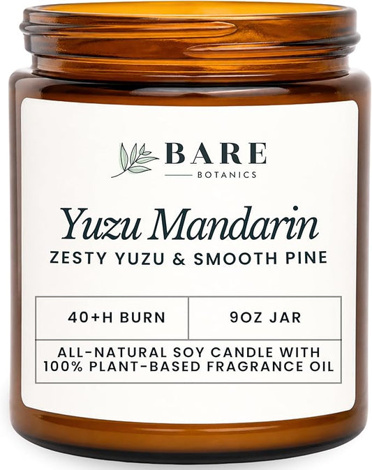 Bare Botanics 9oz Non Toxic Soy Candle Yuzu Mandarin - 40+ Hour Burn | 100% Plant-Based Fragrance Oils | Handpoured in Wisconsin | Clean-Burning Soy Wax