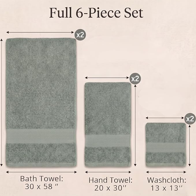 Maisonette Elegance 100% Organic Cotton Turkish Bathroom Towels Set, Ideal Quick Dry Luxury Washcloths, Hand & Large Luxury Bath Towels for Shower, (6 Pack), Green (Eucalyptus)
