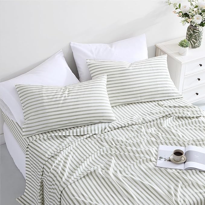 ATLINIA Bedding Linen Sheets Set Bed - 55% Linen 45% Cotton Blend Sheets Queen Size Bedding Farmhouse Boho Style, Soft Comfy Breathable - Deep Pocket Fitted Sheet & Flat Sheet & 2 Pillowcases (Green)