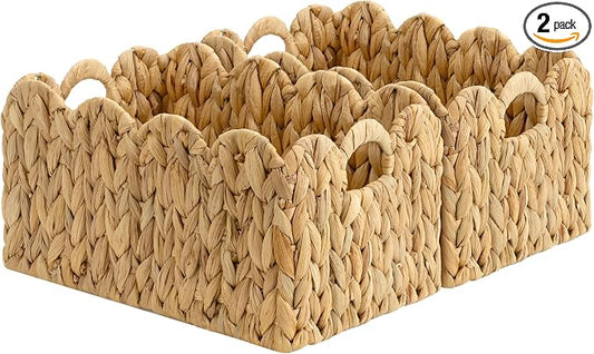 StorageWorks Scalloped Water Hyacinth Baskets, Hand-woven Rattan Baskets with Built-in Handles, Cute Baby Basket for Nursery, Basket for Organizing and Decor, 13"L x 8¼"W x 7"H