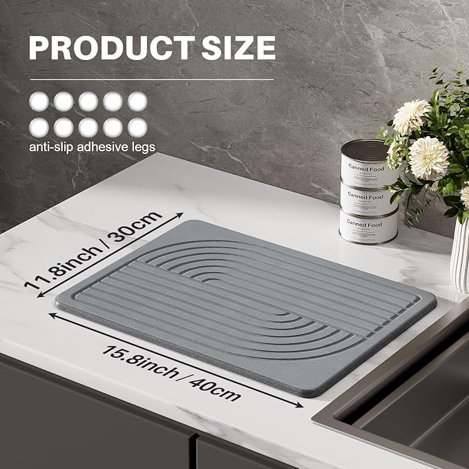 Stone Dish Drying Mat for Kitchen Counter Diatomaceous Earth Drying Mat, 15.8"x11.8" Super Absorbent Drying Stone, Quick Dry, Heat Resistant, Odorless (Dark Gray)