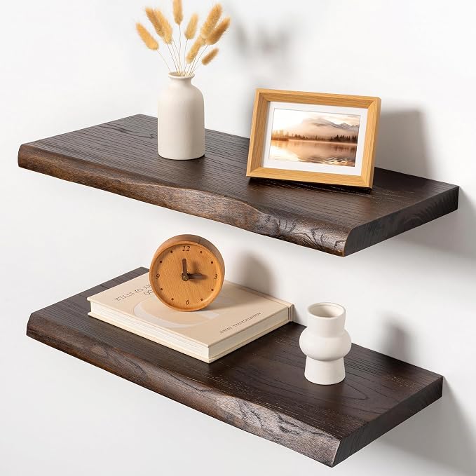24" Live Edge Floating Shelves, Solid Elm Wood Wall Shelf Set of 2 | 1.4" Extra Thick, 9.3" Deep Heavy Duty Storage, FSC Certified Rustic Brown Finish for Kitchen & Coffee Bar