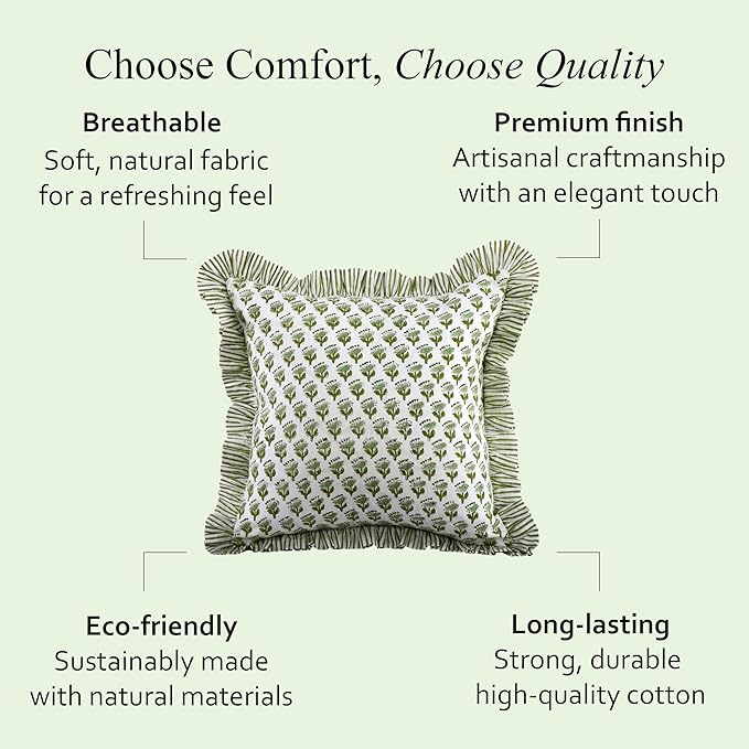 CPC Block Print Ruffle Throw Cover Emerald Green 24"x24" Inch Pack of 2-100% Cotton Ruffle Couch Decorative Boho Pillows Case for Living Room, Bedroom, Sofa, Farmhouse Gift for Spring, Mother's Day