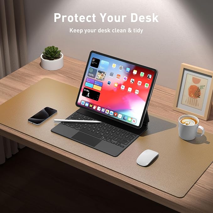 Aothia Faux Leather Desk Mat, Waterproof Desk Pad (Khaki, 23.6" x 13.7") | One large surface for your keyboard, laptop and mouse, reducing desktop clutter without a separate mouse pad