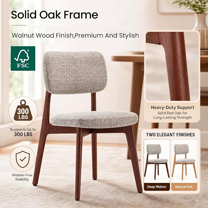COLAMY Dining Chairs Set of 6, Modern Upholstered Kitchen Room Chairs with Solid Red Oak Wood Legs, 5-Min Easy Assembly Anti-Wobble, High-Weight Fabric Farmhouse Side Chair,300LBS,Walnut,Oatmeal