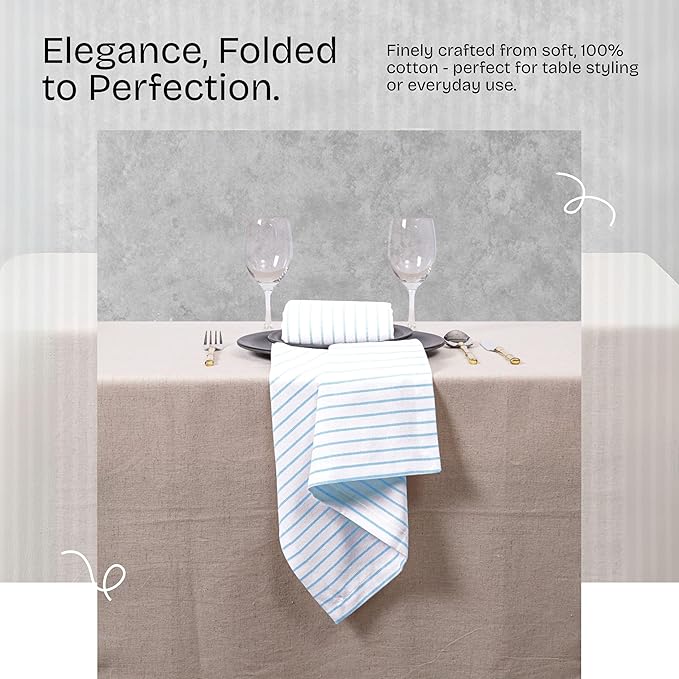 Turquoise Blue Stripe Dinner Cloth Napkins (Set of 6), 18x18 Inch, 100% Cotton, Washable & Durable Fabric, Classic Striped Table Linen Napkin for Dining, Beach Decor, Daily Use