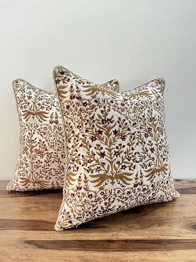 ATOSII Block Print Boho Throw Pillow Covers, 20 X 20, Set of 2, Decorative Couch Pillows for Living Room, 100% Cotton Canvas Acccent Pillows, Christmas Thanksgiving Fall Preppy Throws - Nargis Cider