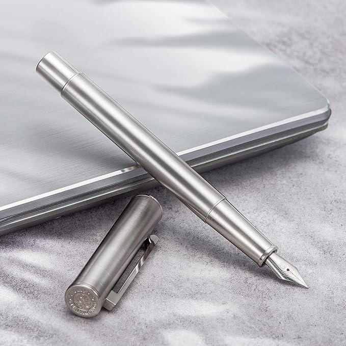 HONG DIAN Forest Pro Silver Stainless Steel Fountain Pen, Medium Nib Classic Design Smooth Writing Pen with Ink Refill Converter and Metal Pen Box Set