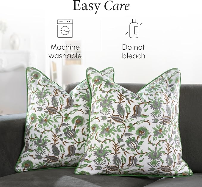 CPC 100% Cotton Throw Pillow Covers 18x18 Inch, Set of 2 Green Block Print Pattern Couch Pillow, Cute Boho Decorative Pillows for Living Room, Bedroom with Hidden Zipper- Mint Leaf