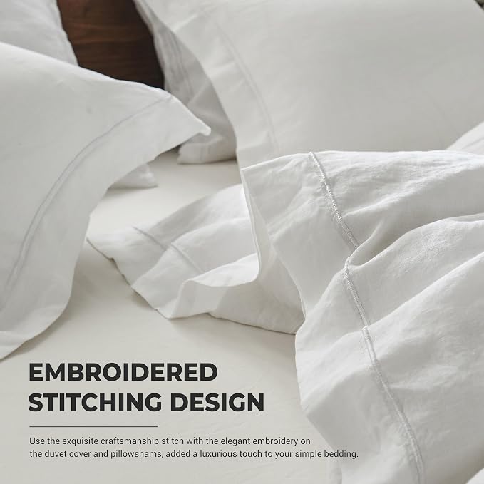 Simple&Opulence 100% Washed Linen Duvet Cover with Embroidered, 3 Pieces Soft Farmhouse Comforter Set with Button Closure,1 Duvet Cover and 2 Pillowshams(Full,White)