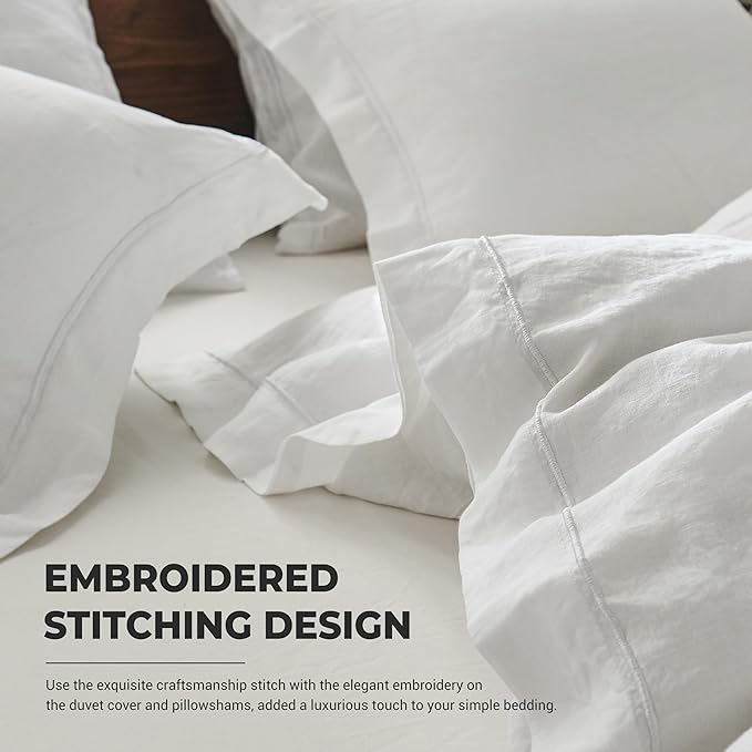 Simple&Opulence 100% Washed Linen Duvet Cover with Embroidered, 3 Pieces Soft Farmhouse Comforter Set with Button Closure,1 Duvet Cover and 2 Pillowshams(Queen, White)