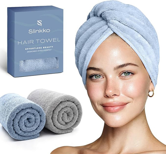Microfiber Hair Towel Wrap for Women – Ultra Absorbent Quick Dry Turban | Button & Loop Design | Soft Lightweight Fabric | Reduces Frizz & Breakage | All Hair Types | Blue & Grey