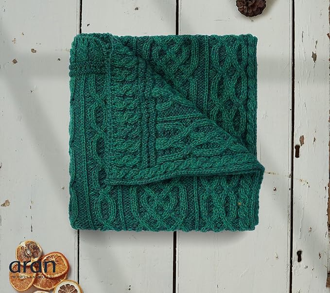 Aran Woollen Mills Carraig Donn Irish Cable Knit Blanket Celtic Throw - 100% Merino Wool Made in Ireland 40"x 55" (102 x 140 cm)(Kiwi/Connemara Green)