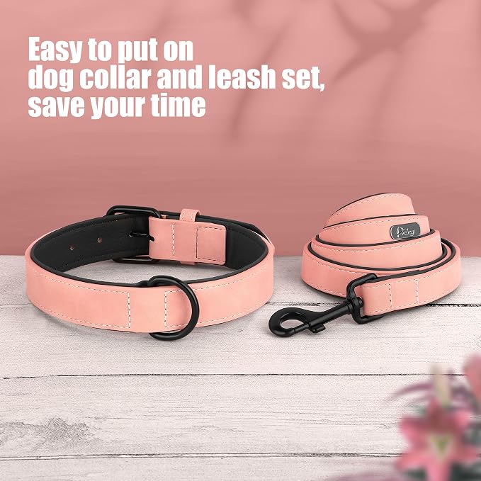 Didog Soft Padded Leather Dog Collar and Leash Set,Pink Breathable Pet Collars with 4FT PU Leather Dog Leash for Small Medium Large Dogs, Pink, M