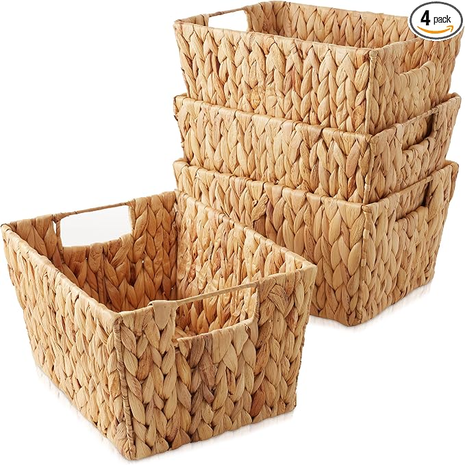Casafield Set of 4 Water Hyacinth Storage Baskets with Handles - Natural, Woven Storage Bins for Shelves, Blankets, Laundry Organization