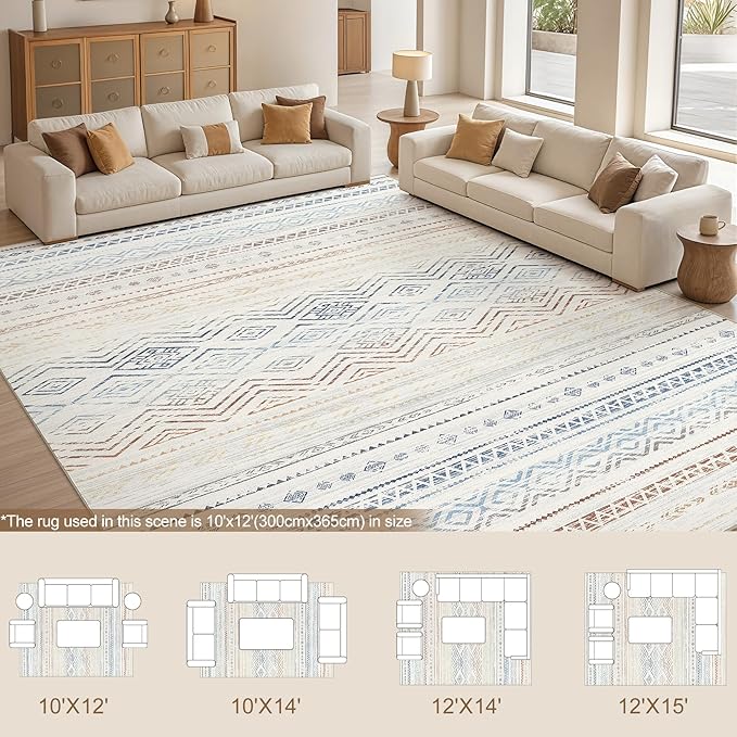 Tortania Area Rug Living Room Rugs- 10x14 Washable Large Soft Neutral Boho Moroccan Bohemian Farmhouse Rug Indoor Floor Carpet for Bedroom Under Dining Table Home Office Decor - Multicolor