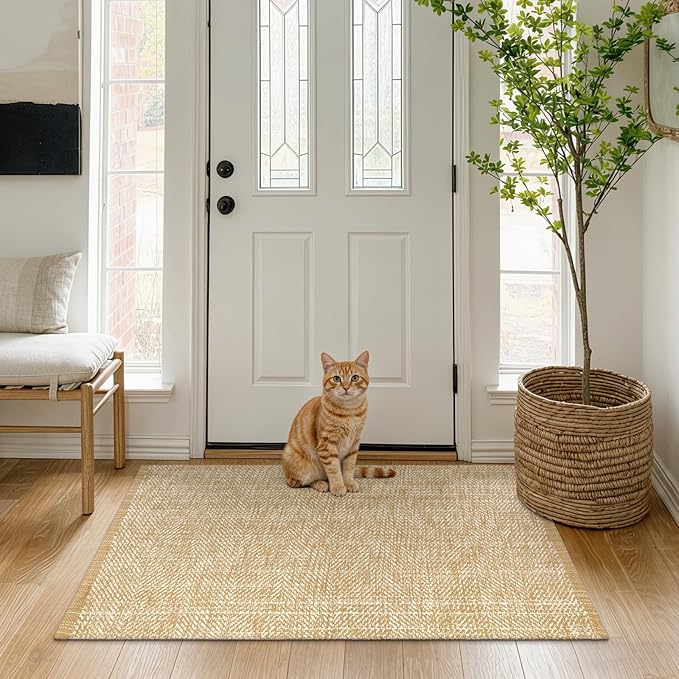 LEEVAN Washable Kitchen Runner Rug, 2' x 4.3' Boho Bathroom Rugs Cotton Tan Reversible Entryway Rug, Farmhouse Hallway Rug Modern Bedroom Carpet for Foyer Front Proch Deco