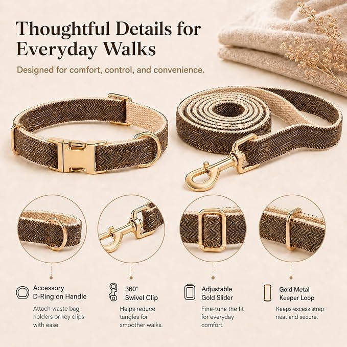 Herringbone Tweed Dog Collar and Leash Set for Small Dogs, Grey-Brown | Snag-free, no-rub design. Soft breathable cotton, gentle on fur. Adjustable durable matching combo for walks & outdoors.