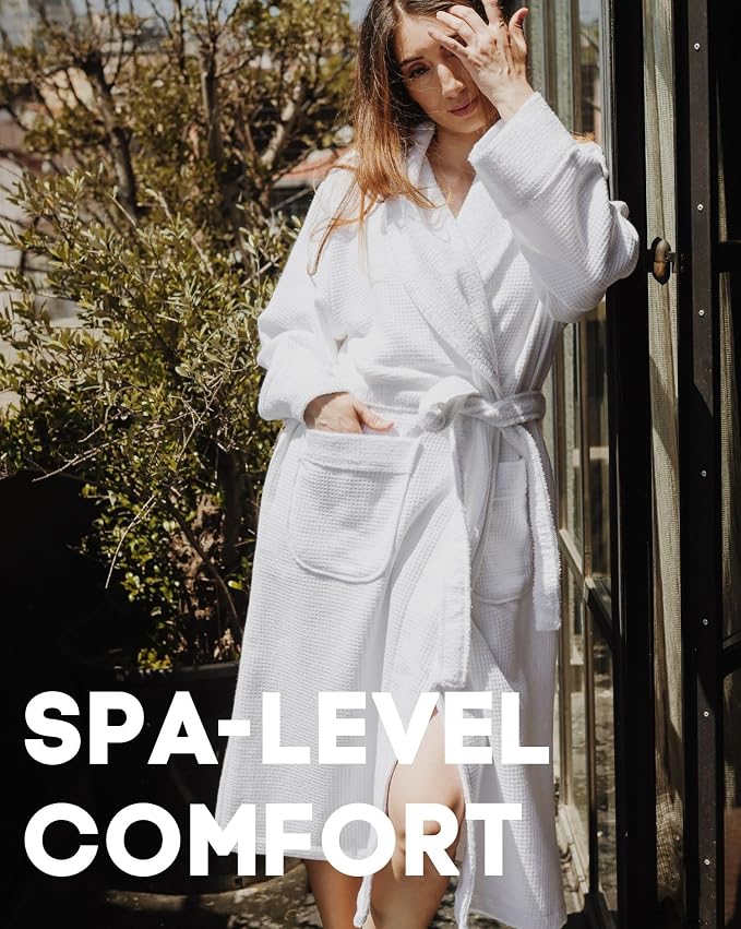 sea me at home Turkish Cotton Waffle Bathrobe, Luxury Spa Hotel Shawl Collar Robe for Women & Men, Plush Terry Inside