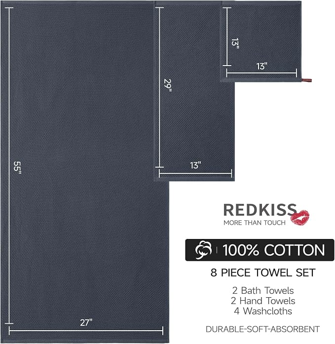 REDKISS Quick Dry Waffle Towel Set of 8, 100% Cotton,Lightweight & Highly Absorbent Waffle Towels for Bathroom, Spa, Gym, Pool-2 Bath Towels, 2 Hand Towels & 4 Washcloths,Dark Gray