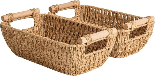 StorageWorks Hand-Woven Small Wicker Baskets, Round Paper Rope Storage Baskets with Wooden Handles, Light Brown, 2-Pack