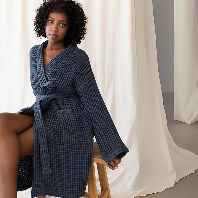 Womens Kimono Waffle Robe - Lightweight 100% Turkish Cotton Housecoat for All-Day Lounging - Bathrobe for Shower