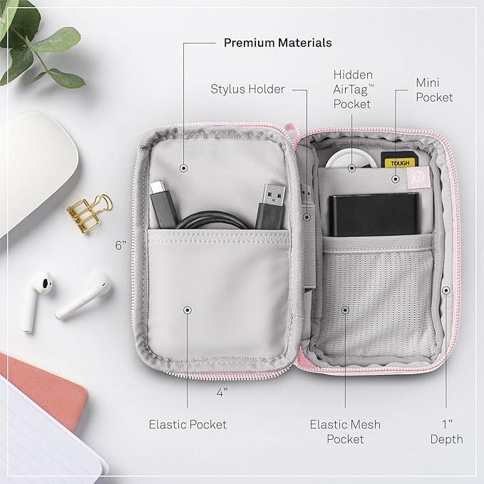 Folio Mini Tech Gear Pouch with Label Identification for Travel, Gym, Work Organizer for Cables Chargers, Electronic Accessories (Pale Pink)