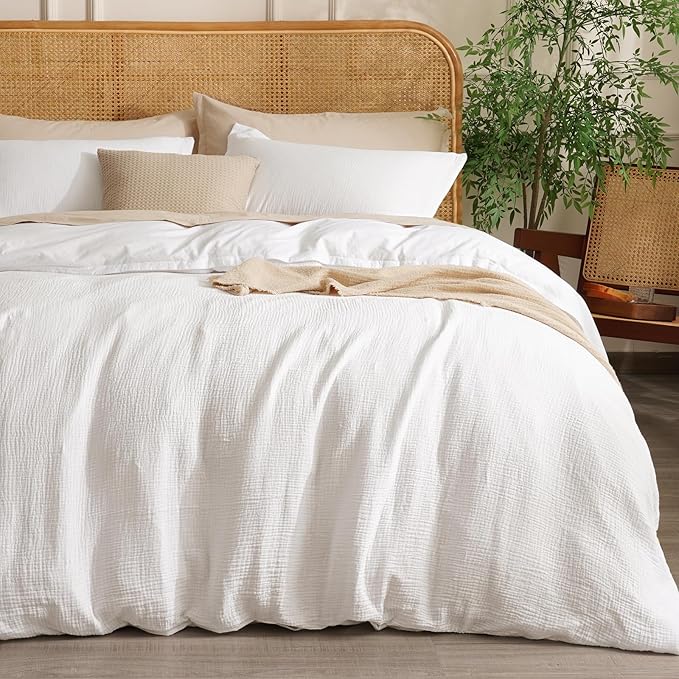 David's Home 100% Cotton Muslin Duvet Cover Set Queen Size,3 Pcs Ultra Soft Breathable & Lightweight Gauze Bedding Set with 2 Pillowcases,Textured Home Decor with Button, 90"×90" White,No Insert