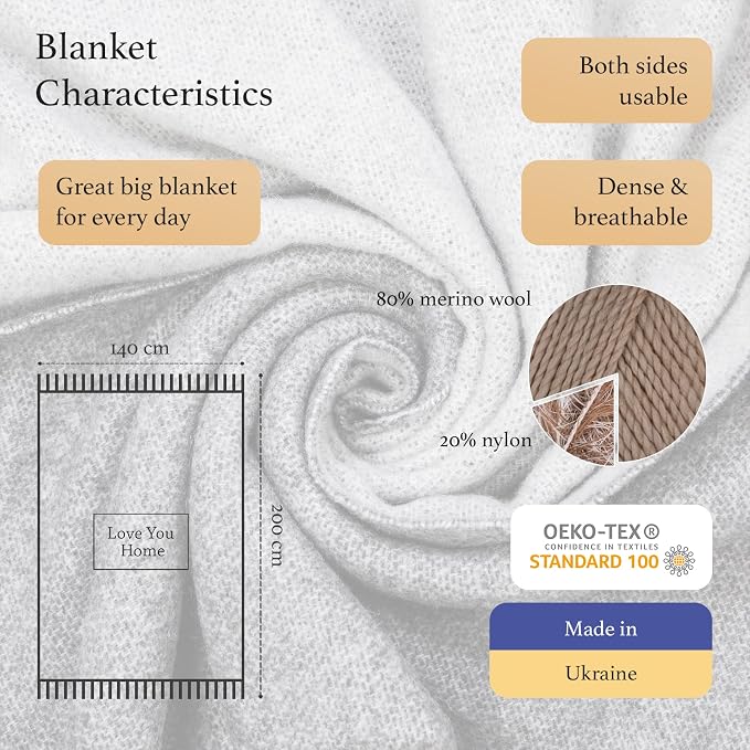 LYHome Merino Wool Blanket - Warm Throw for Cold Weather, Warmest Travel Outdoor Camping Blankets, Picnic Army and Military Throws, Comforter Soft & Cozy (55" x 79" Grey - Light Grey Double-Sided)
