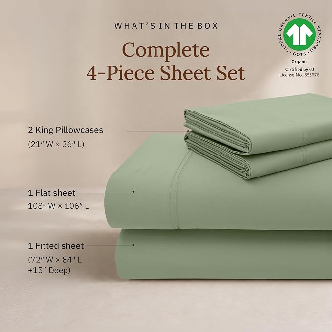 California Design Den California King Deep Pocket Sheets Set - 100% Organic Cotton, Soft and Lightweight Sateen, Durable Bedding - Pale Green