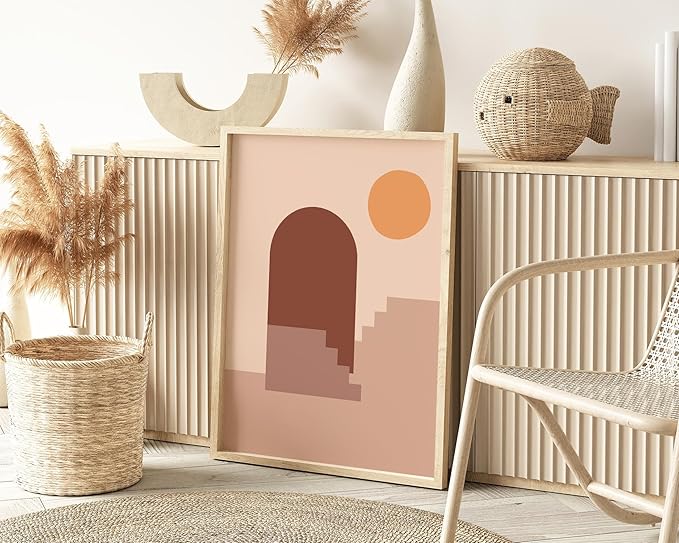 Abstract Architecture Wall Art Archway Stairs Sun Geometric Shapes Earth Tones Terracotta Mid Century Modern 24x36 Inch Oak Wood Beige Framed Minimalist Boho Office Decor