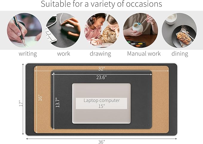 RENMTURE Desk Pad, Cork & PU Leather Desk Mat, Large Mouse pad, Non-Slip Desk Protector and Blotter, Waterproof Writing Pad, Desk Accessories and Organizers for Home Office (Black, 36"x17")